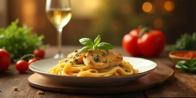 Creamy Tuscan chicken pasta on a rustic table with herbs and wine.