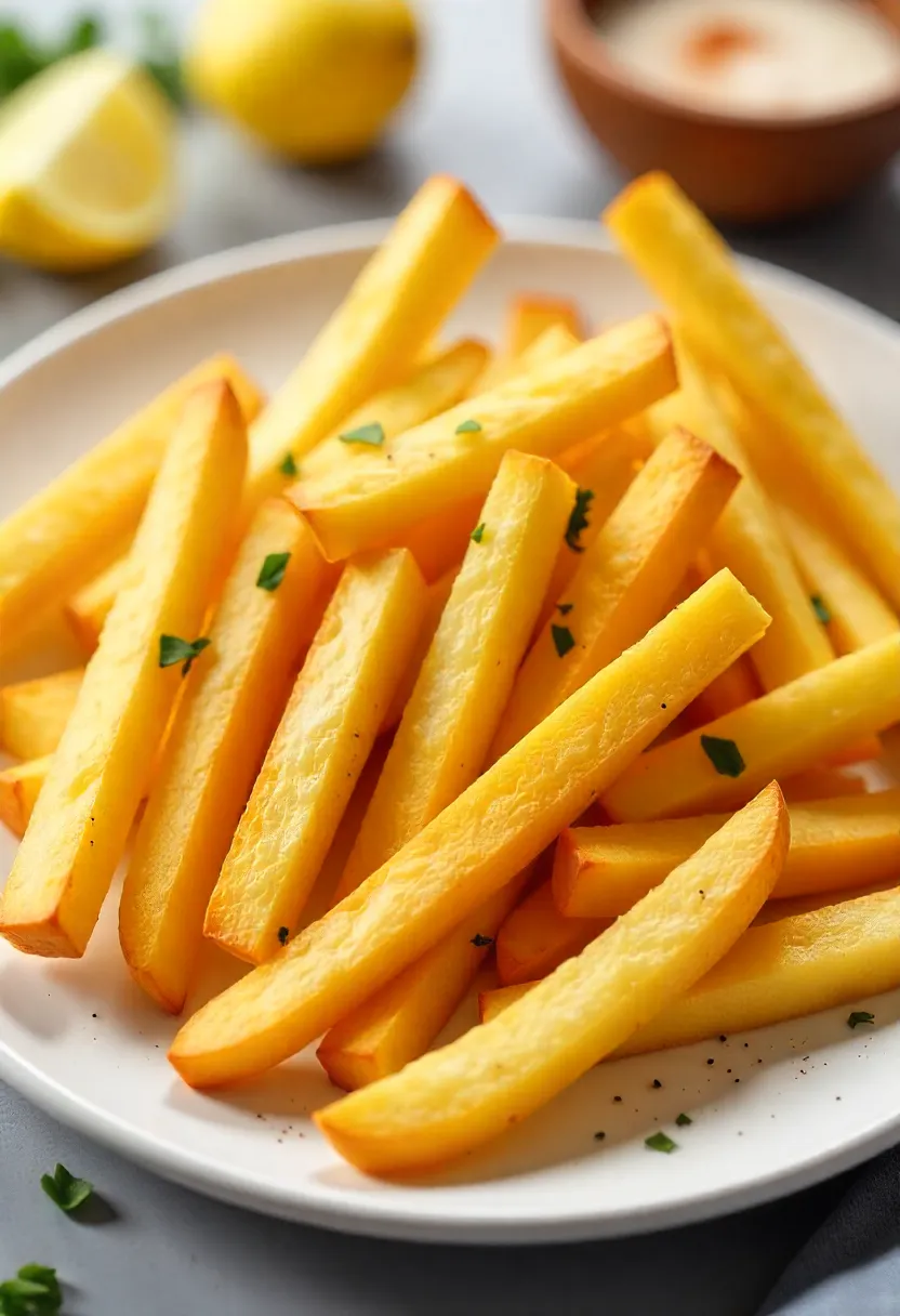 Crispy golden French fries cooked in an air fryer, seasoned with salt and spices, served on a plate.