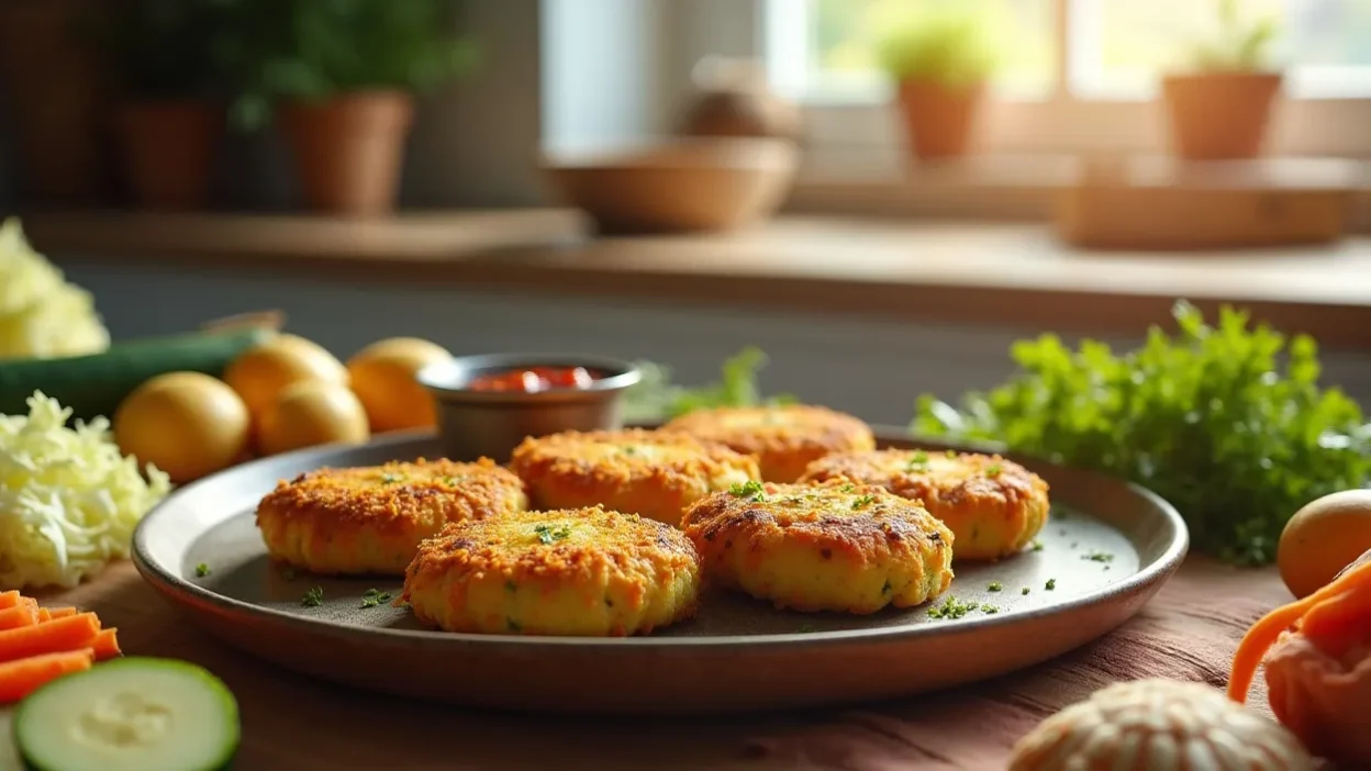 Golden vegetable cutlets on a rustic plate with fresh vegetables and herbs in a cozy kitchen.
