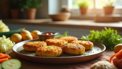 Golden vegetable cutlets on a rustic plate with fresh vegetables and herbs in a cozy kitchen.