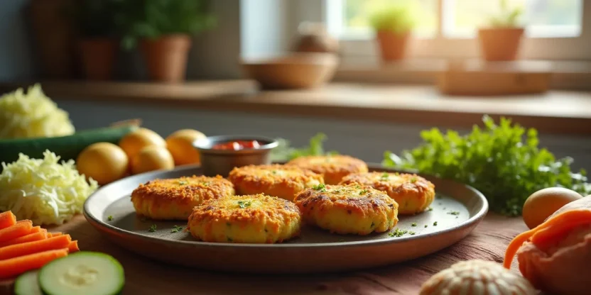 Golden vegetable cutlets on a rustic plate with fresh vegetables and herbs in a cozy kitchen.