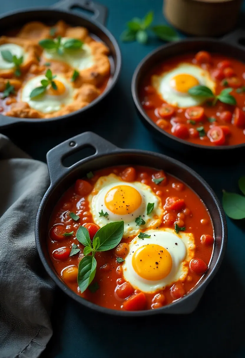 Collage of Mediterranean egg dishes: Greek baked eggs, Turkish menemen, and North African shakshuka with vegetables and herbs.