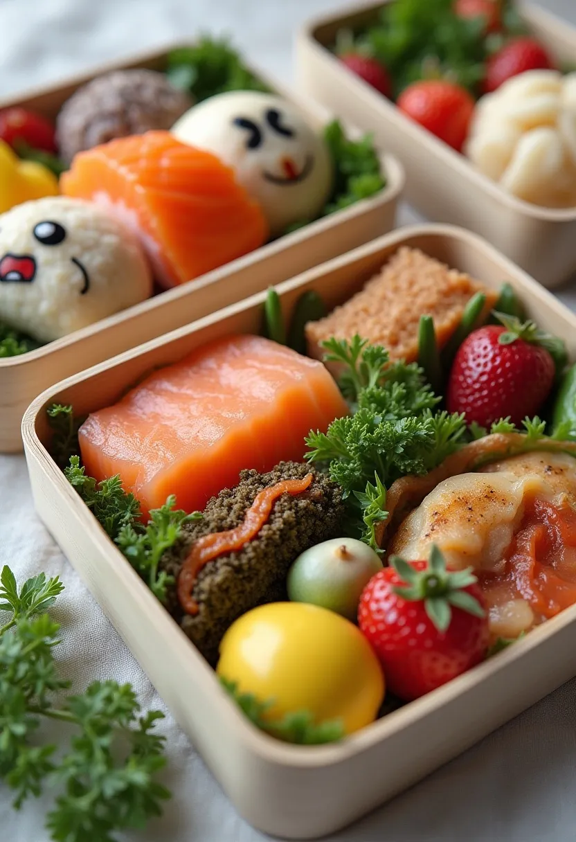 Collage of three bento boxes: kids’ character bento, traditional salmon bento, and experimental artistic bento.