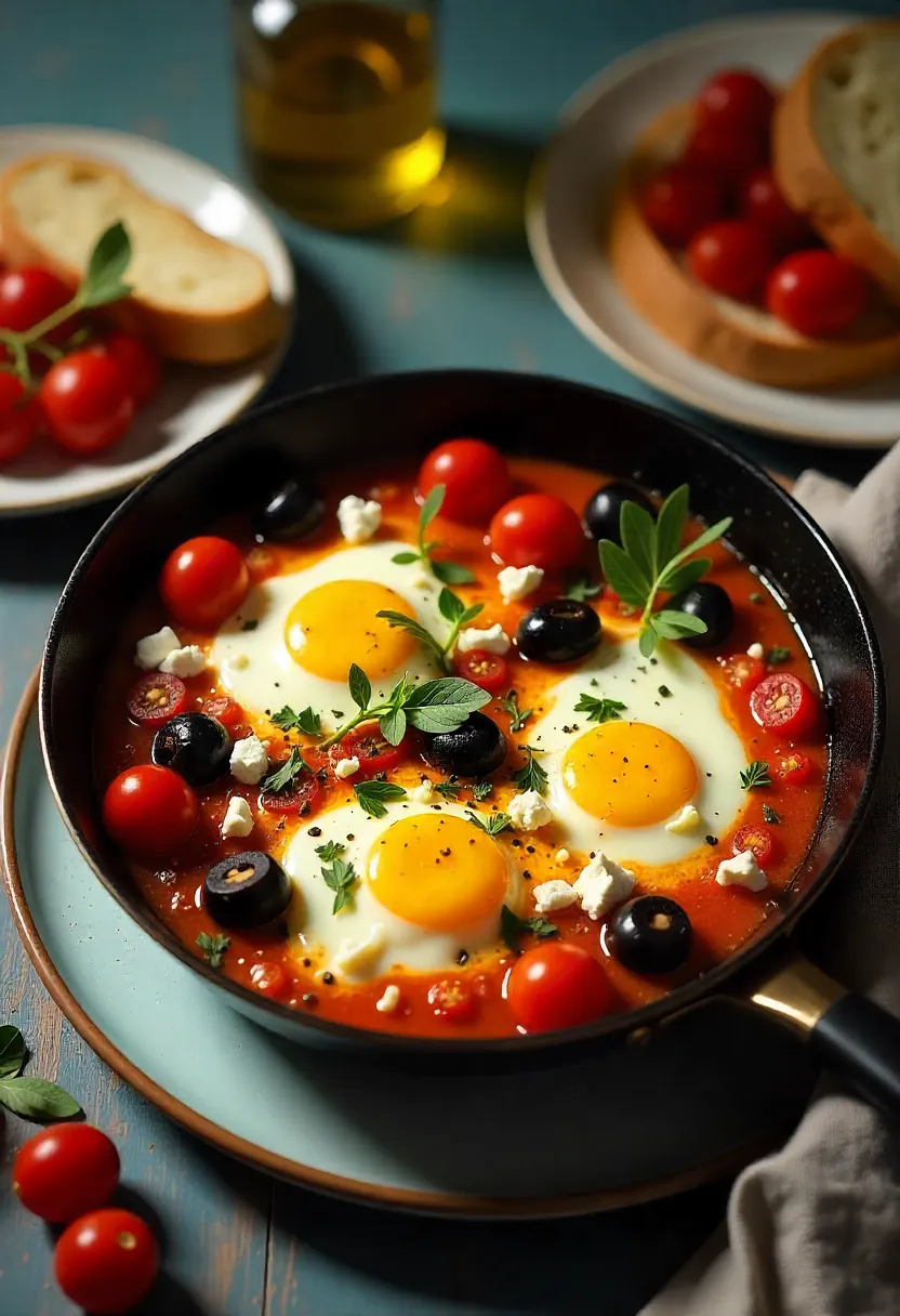 Baked eggs with feta, tomatoes, olives, and herbs in a Mediterranean-style skillet.