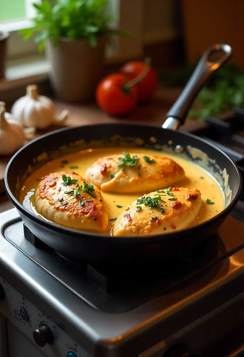 Marry Me Chicken in a skillet with fresh ingredients on a cozy kitchen counter.