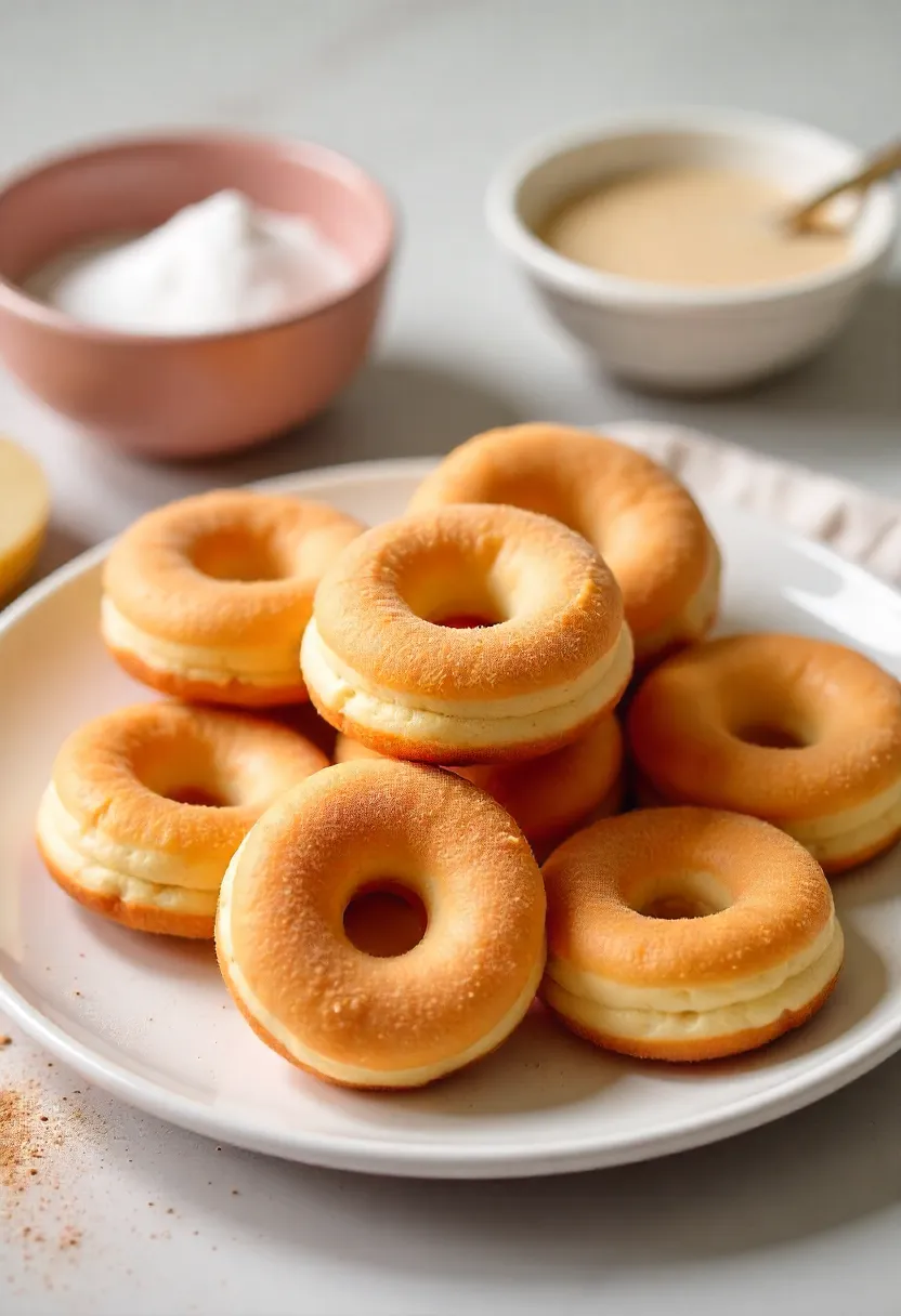 Golden air-fried donuts coated in cinnamon sugar and glaze on a plate with bright kitchen background.