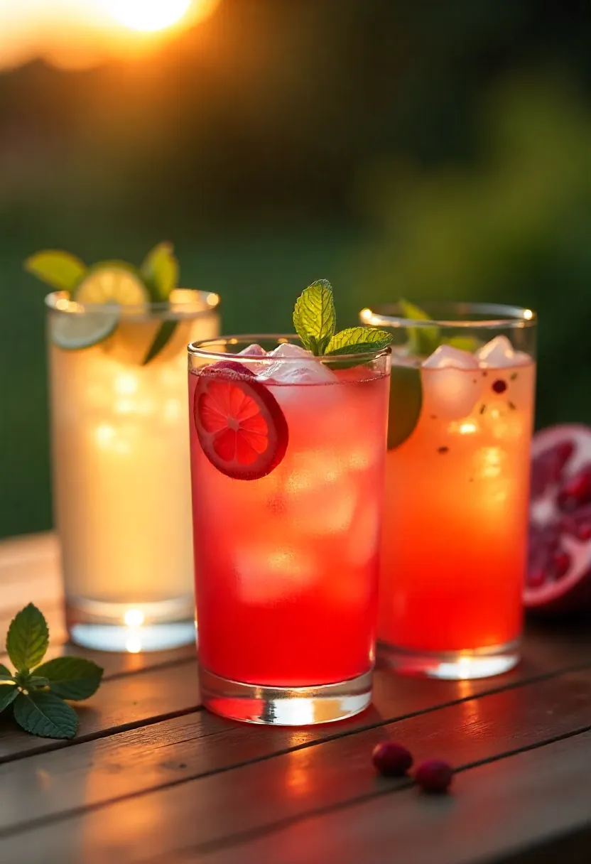 Collage of sunset drinks, alcoholic and non-alcoholic, with garnishes and golden light.