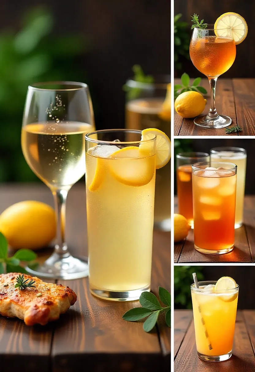 Collage showing white and red wines, sparkling water, iced herbal tea, kombucha, and lemonade as drink pairings for honey feta chicken.