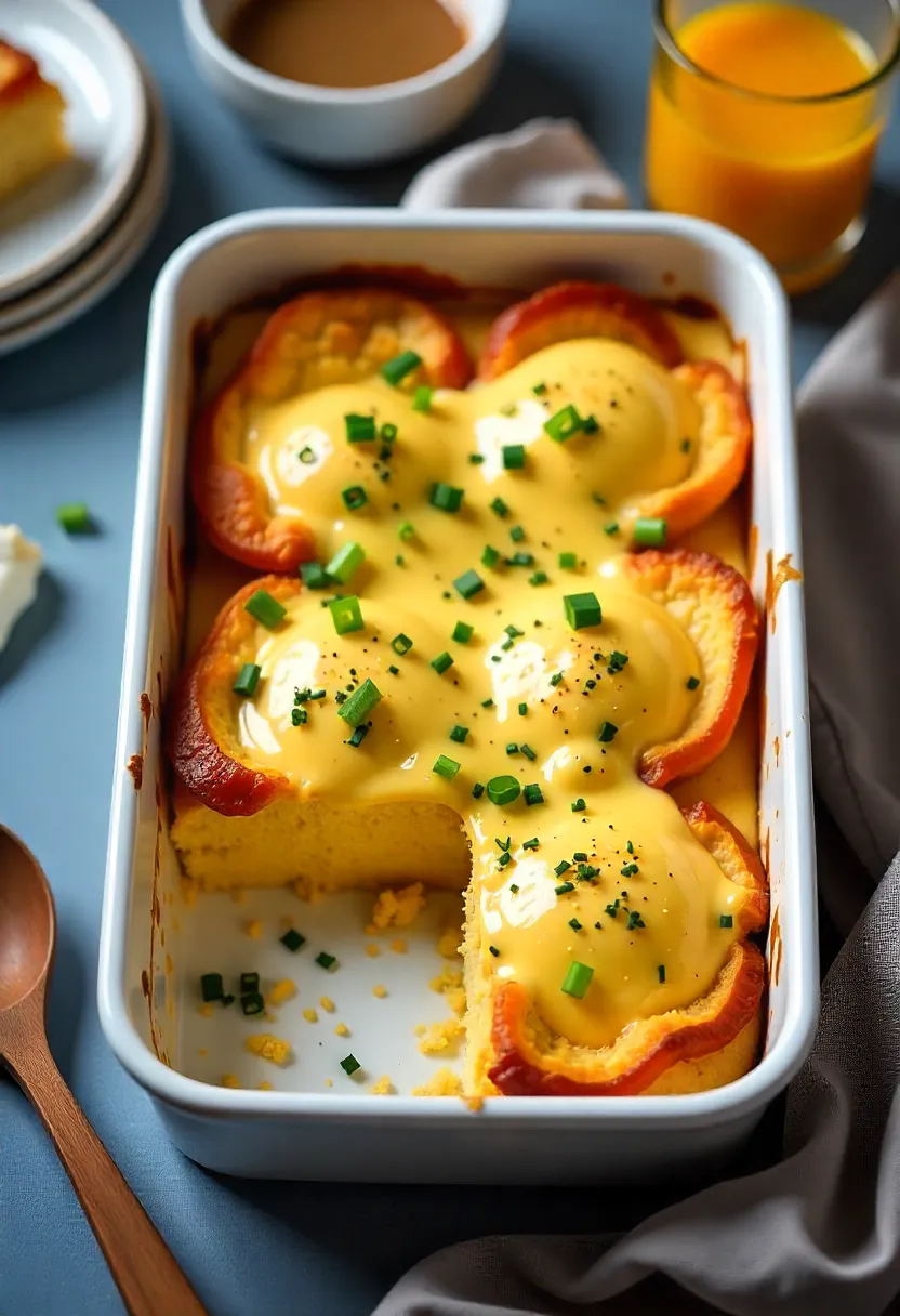 Golden Eggs Benedict Casserole with bacon and scallions, served in a baking dish, cozy brunch setting.
