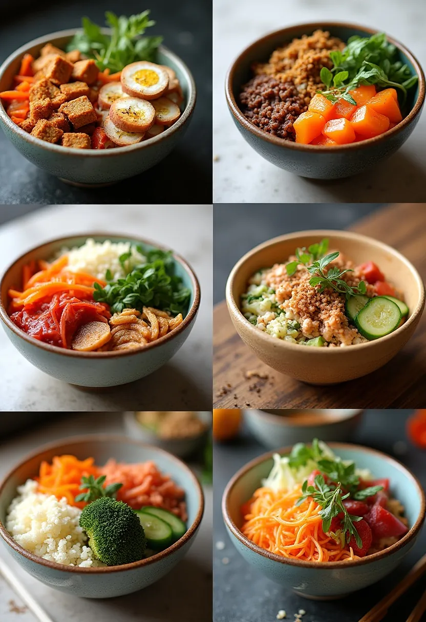 Collage of sushi bowl variations: vegan tofu, gluten-free sauces, seafood, and low-carb options.