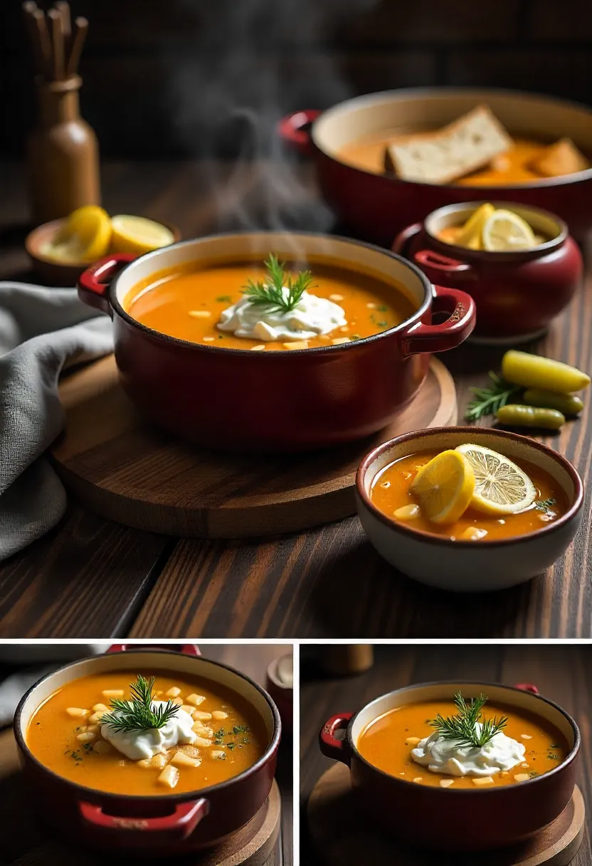 Collage of solyanka soup served to family and friends with garnishes, rye bread, and a cozy, welcoming atmosphere.