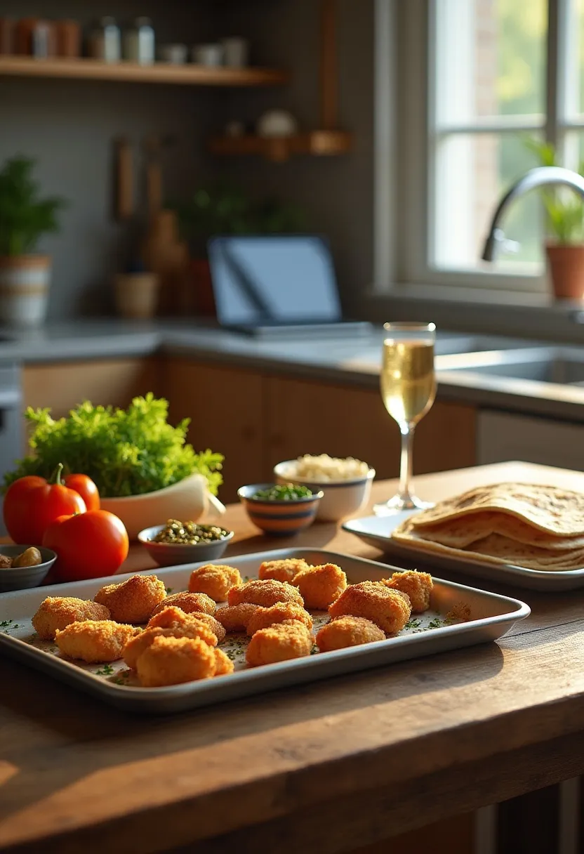 Lazy fast food ingredients and baked chicken nuggets in a cozy kitchen setting.
