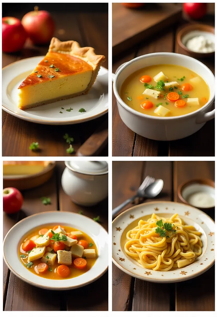 Comfort food scene with apple pie, chicken soup, and pasta, styled warmly with herbs and rustic tableware.