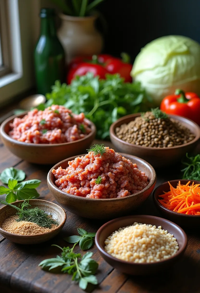 Bowls of meats, grains, vegetables, and herbs for making creative cabbage roll fillings.