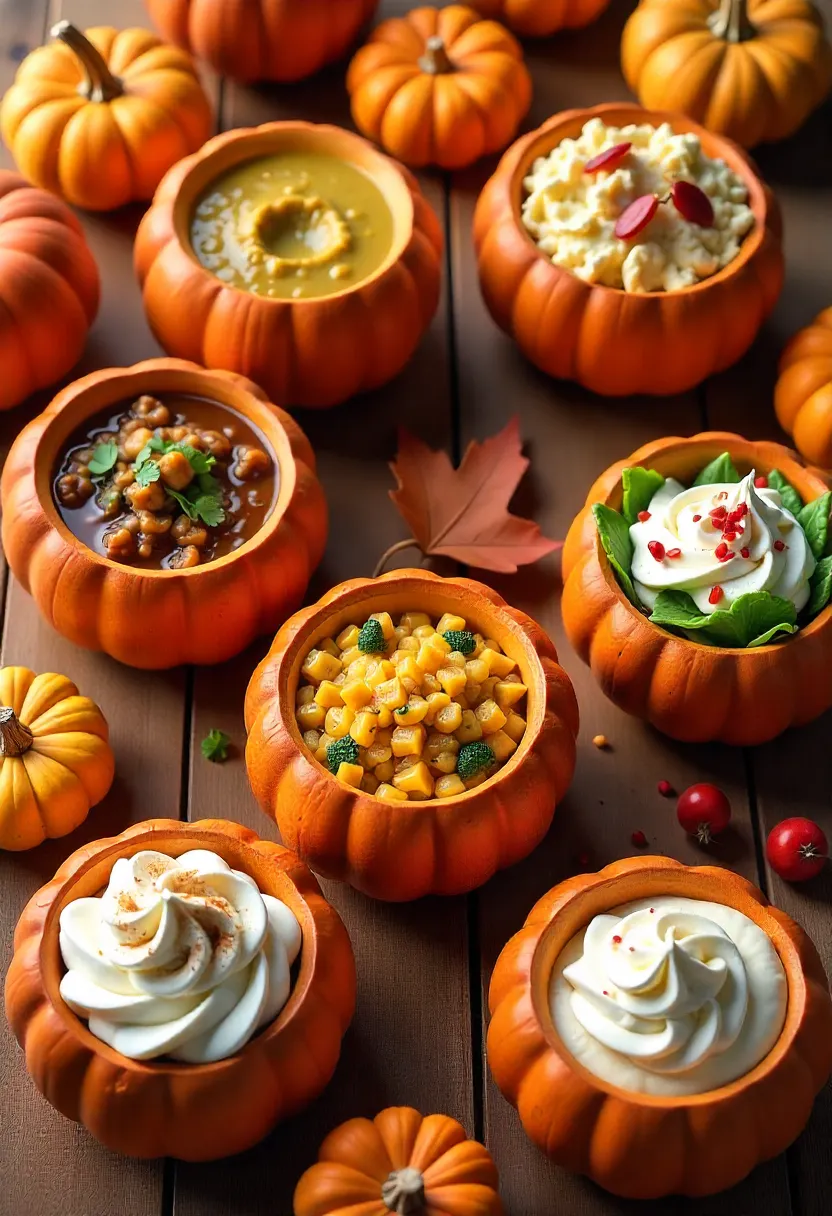 Pumpkin bread bowls with a variety of savory and sweet fillings: soups, dips, salads, and desserts.
