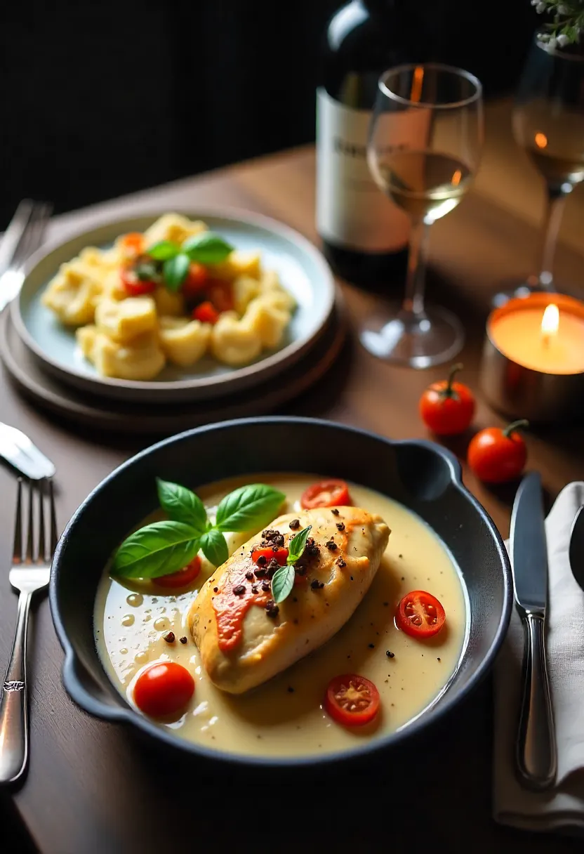 Romantic dinner for two with Marry Me Chicken, wine, candles, and cozy table setting.