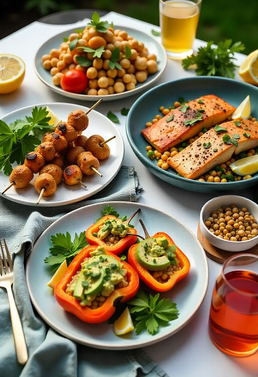 Outdoor summer table with chicken skewers, salmon, chickpea salad, lentil peppers, herbs, and a chilled drink.