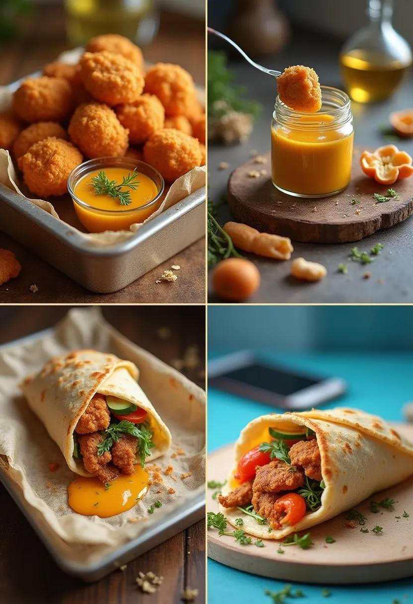 Collage showing golden nuggets with honey mustard, baked shawarma wraps, and a cozy kitchen setup for lazy cooking.