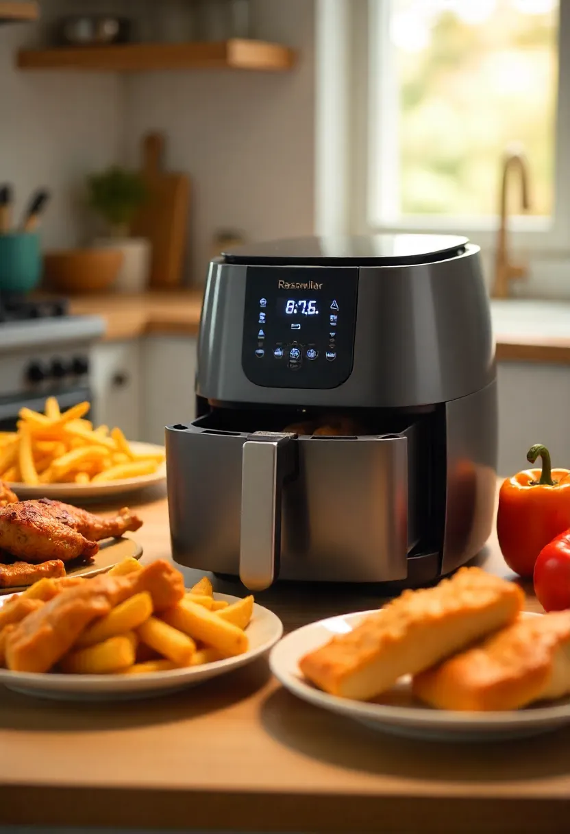 Air fryer on a kitchen counter with a variety of finished meals including fries, chicken, veggies, salmon, donuts, and stuffed peppers.