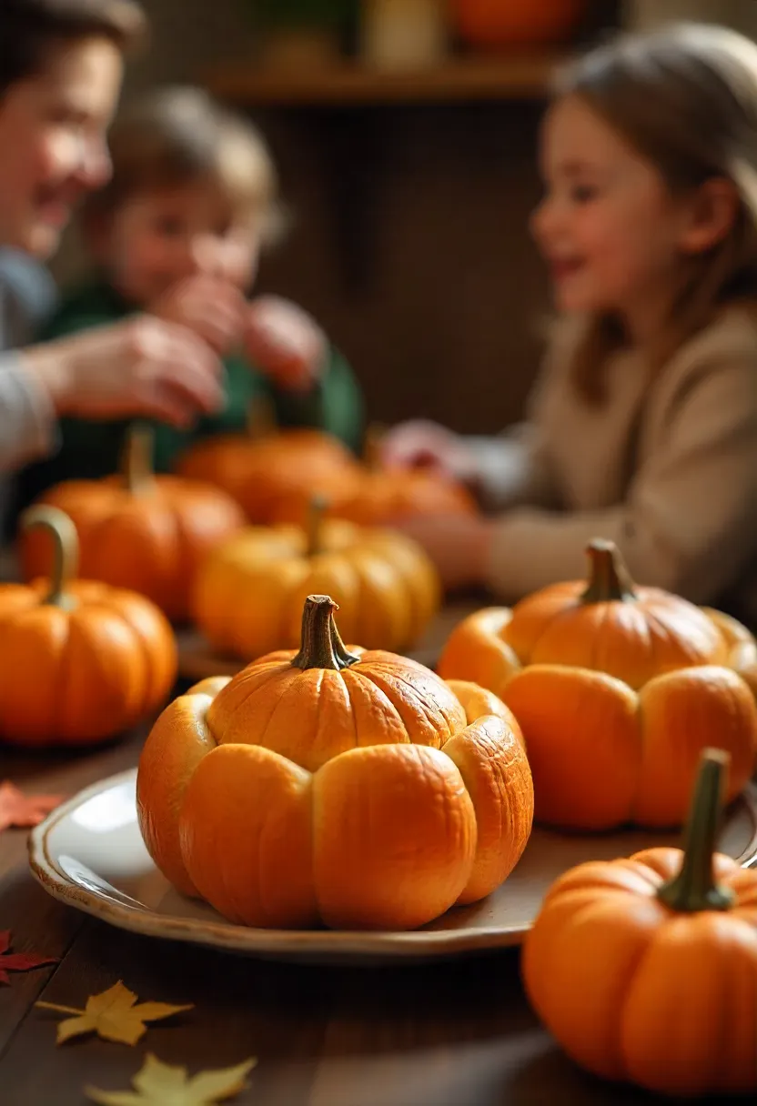 Rustic pumpkin bread bowls with children and adults enjoying them, capturing the joy of cozy fall baking.