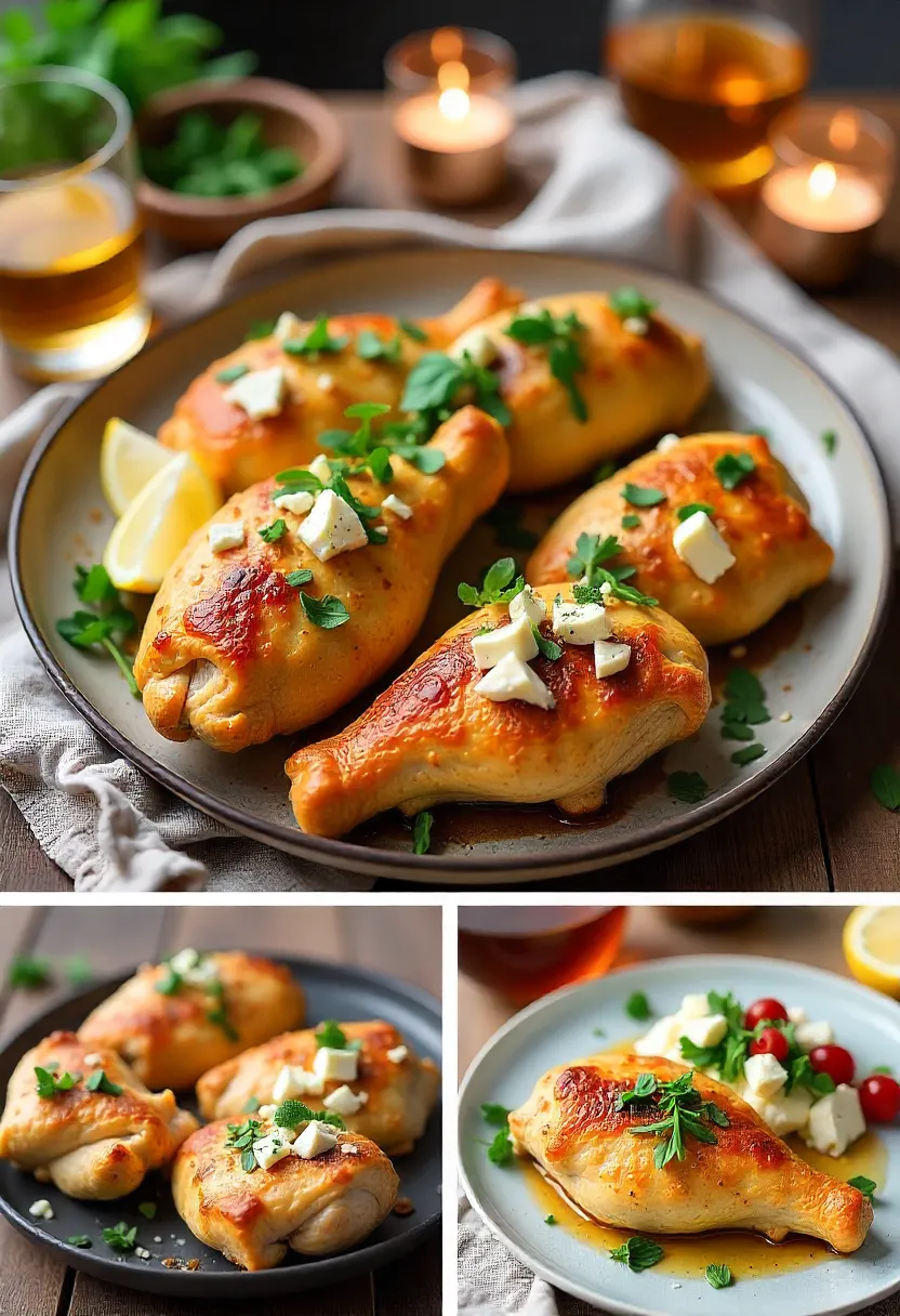 Collage showing honey feta chicken served at family and friends’ dinners with golden glaze, creamy feta, and cozy table settings.