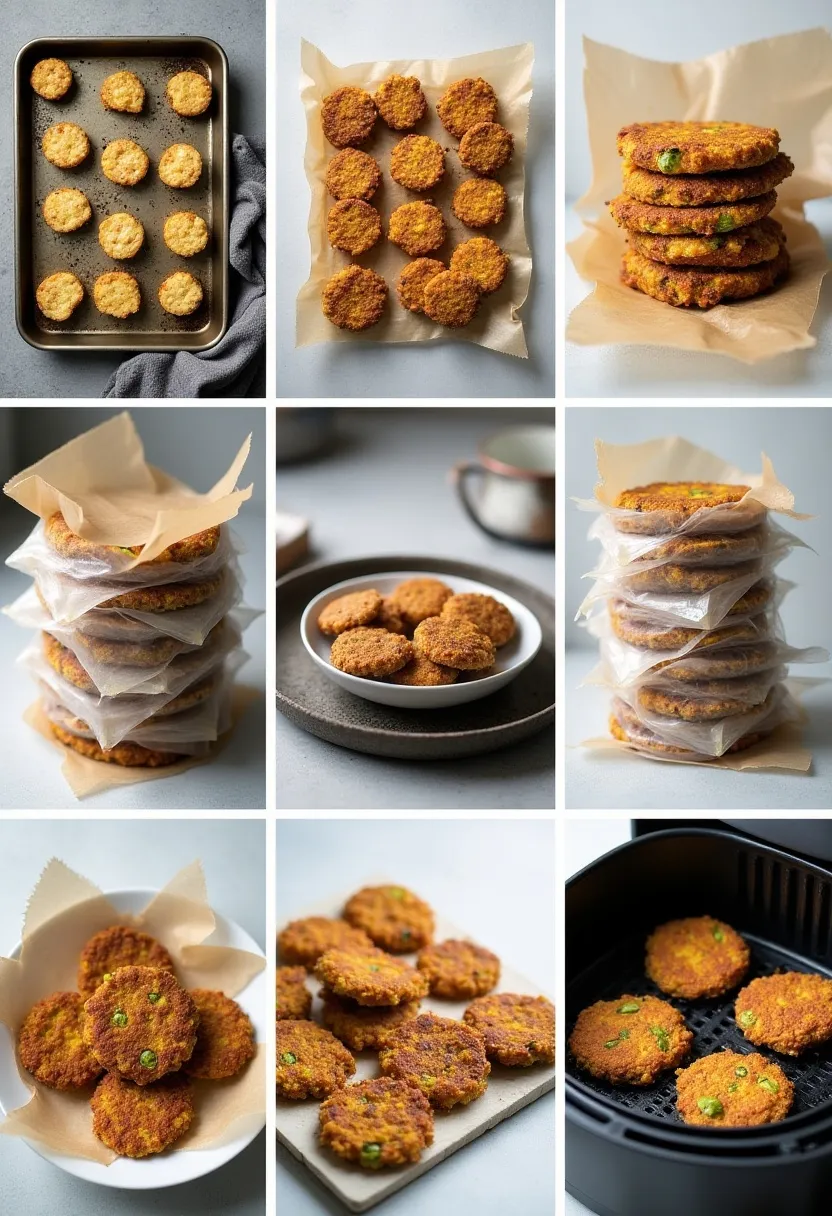 Step-by-step collage of freezing, storing, and reheating homemade vegetable cutlets.