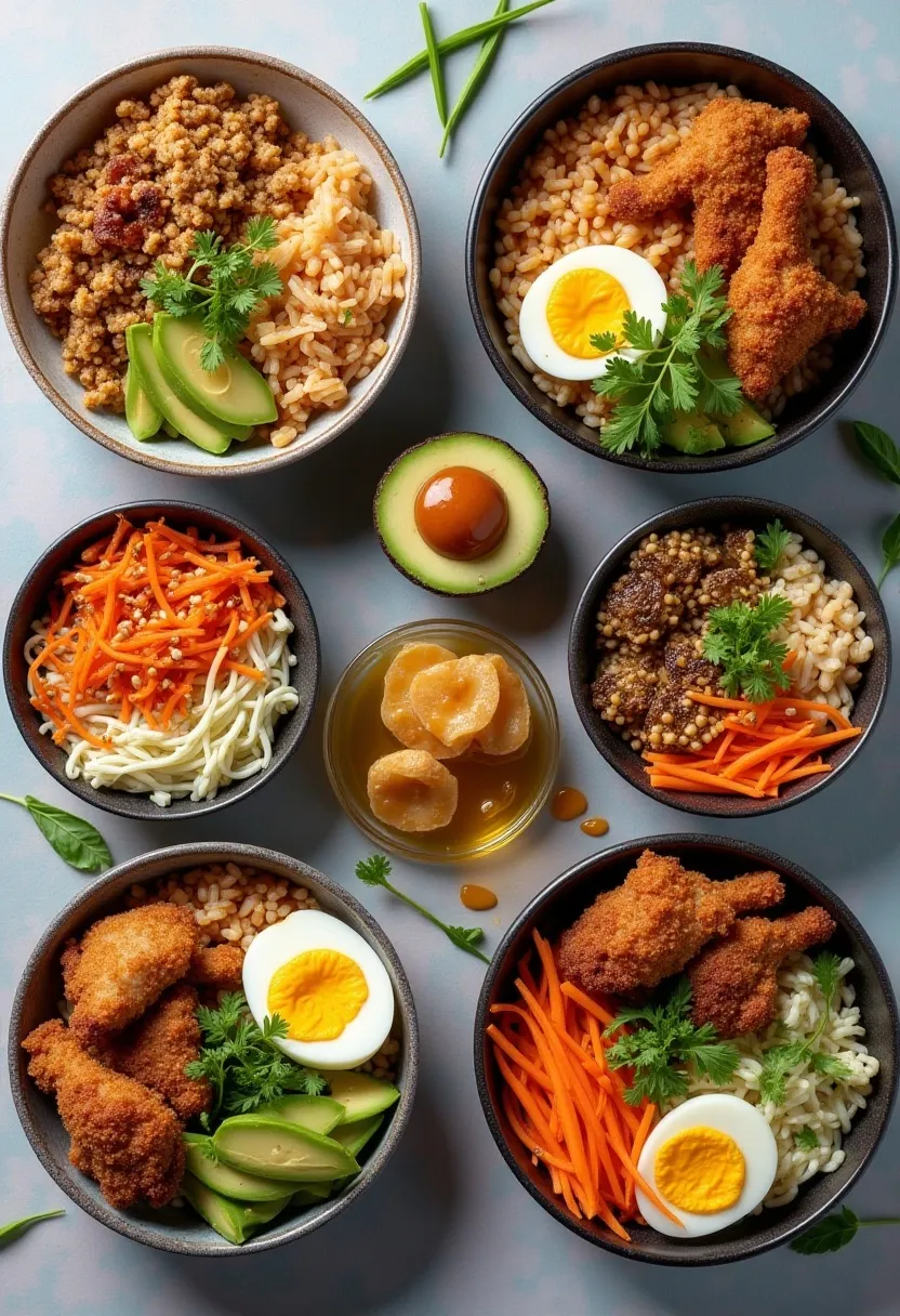 Collage of chicken katsu bowl variations: traditional, vegetarian, kid-friendly, and protein-boosted options with colorful toppings and sauces.