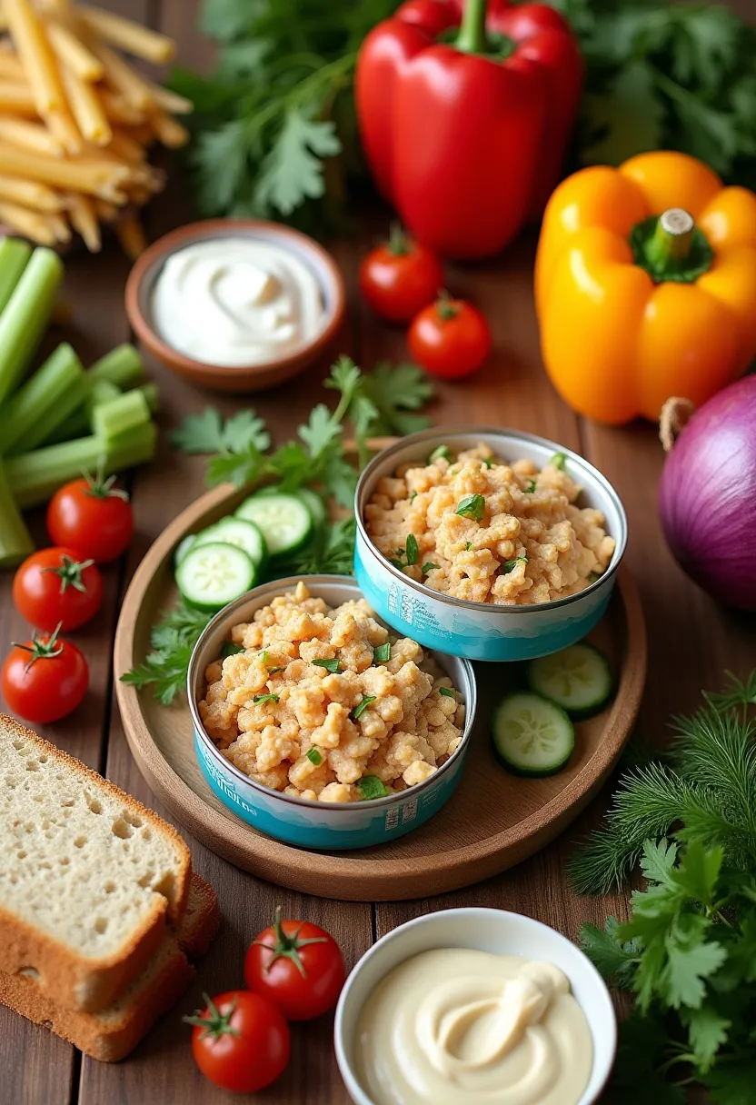 Collage of canned tuna, fresh veggies, herbs, and pantry staples for versatile, healthy meals.