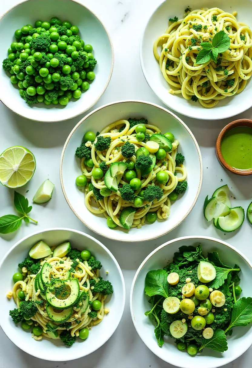Collage of green dinners including risotto, zucchini noodles, salads, and green sauces.