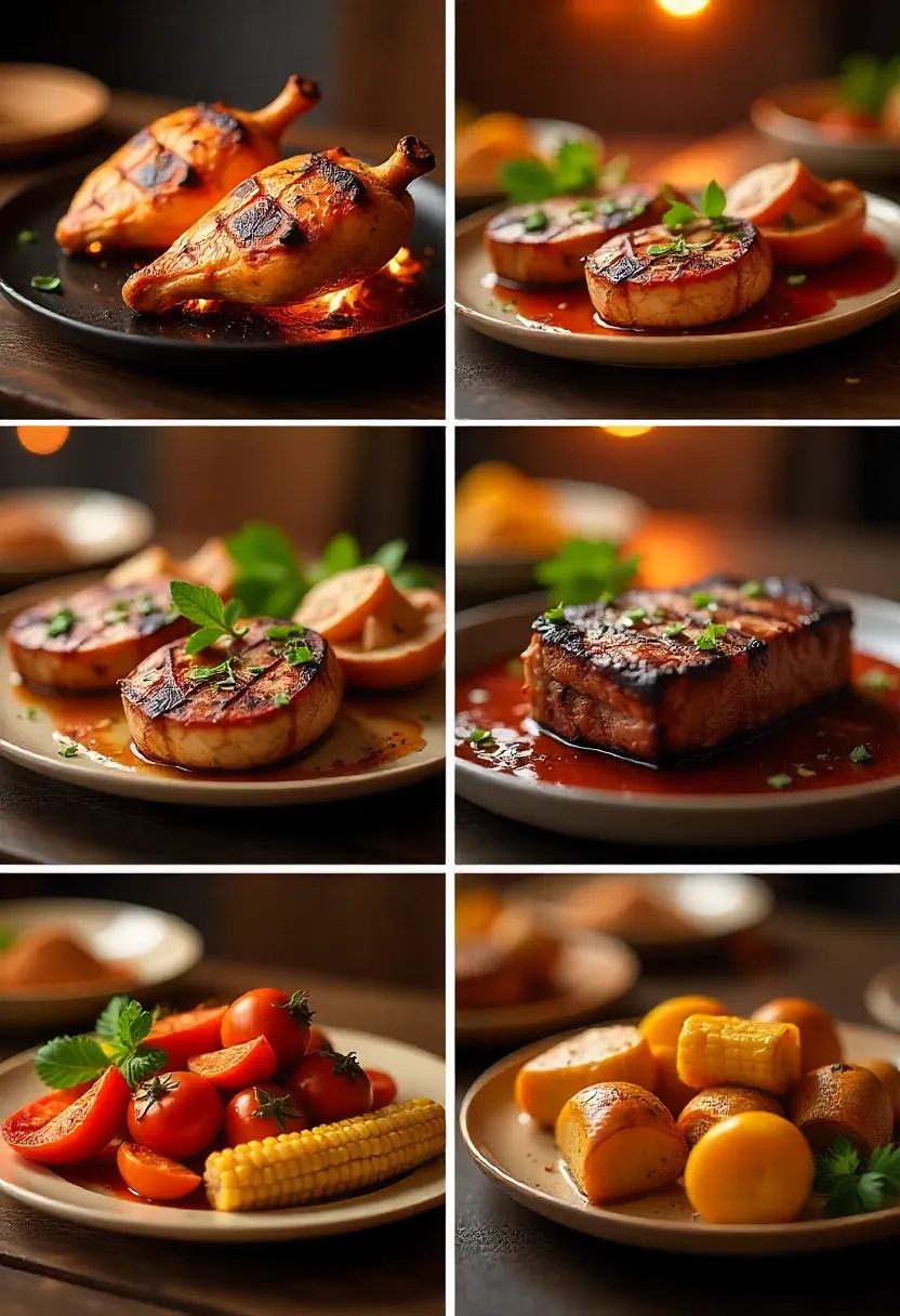 Collage of grilled chicken, pork chops, steak, and roasted sides at sunset.