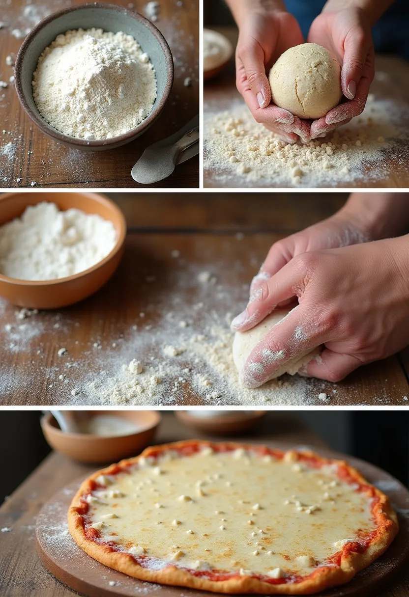 Pizza dough collage with different flours, kneading hands, and risen crust on a wooden surface.