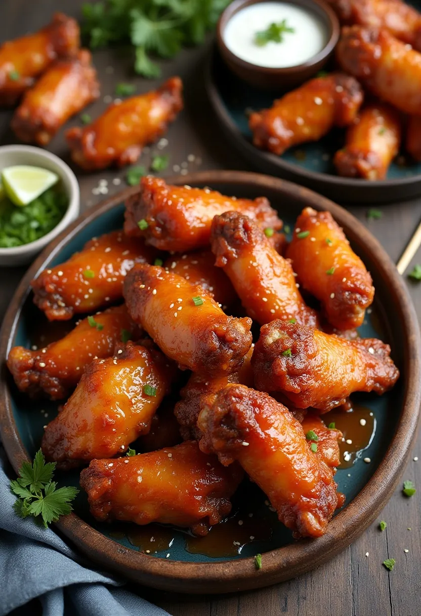 Collage of sticky Honey Sriracha chicken wings with sesame seeds and lime wedges on rustic plates.