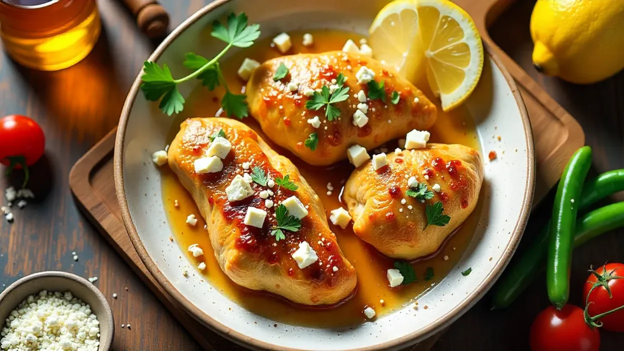 Golden honey feta chicken on a plate with fresh herbs, lemon, and vegetables, styled in a bright Mediterranean setting.