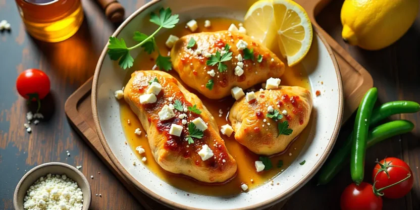 Golden honey feta chicken on a plate with fresh herbs, lemon, and vegetables, styled in a bright Mediterranean setting.