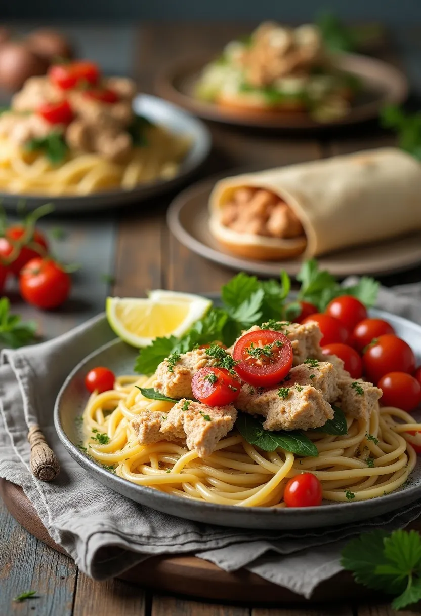 Collage of hot tuna dishes: creamy pasta, tuna melt sandwich, and tuna wrap with fresh veggies.