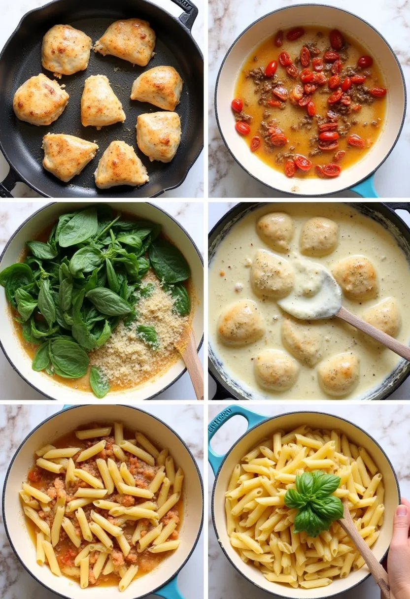 Collage of creamy Tuscan chicken pasta being cooked: chicken, garlic, spinach, sun-dried tomatoes, cream, penne, and basil.