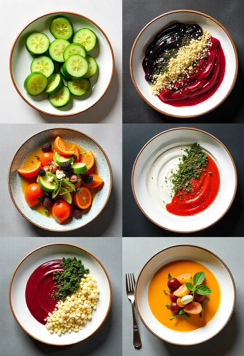 Collage of monochrome plates with seasonal produce, natural color boosters, and mixed textures.