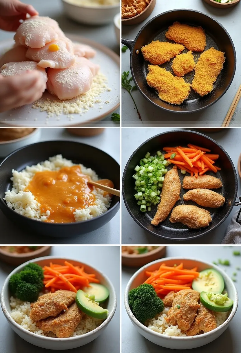 Collage showing steps to make Japanese chicken katsu bowl: prep, coat, fry, assemble, and garnish.