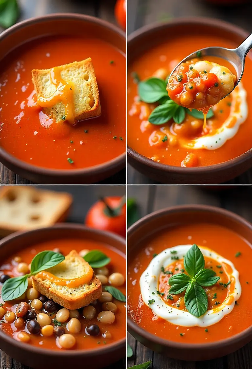 Collage of tomato soup with grilled cheese croutons, lentils and beans, and garnished with herbs, pesto, chili oil, and yogurt.