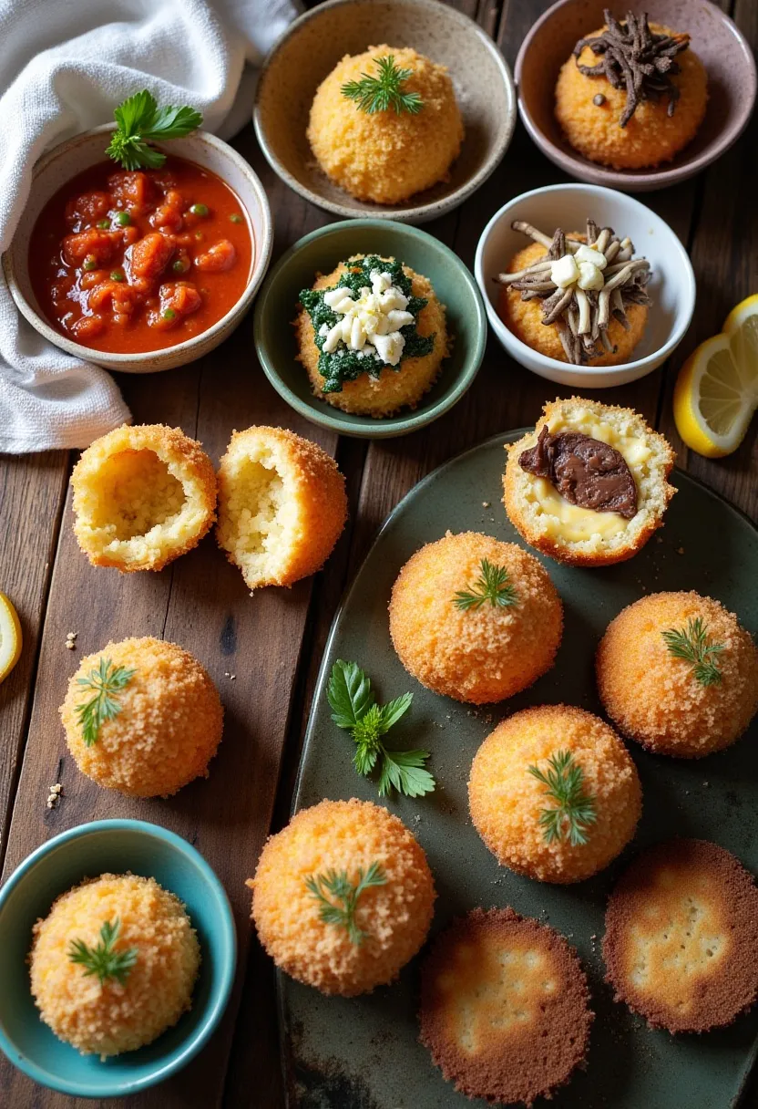 Collage of arancini with various fillings: ragù, cheese, spinach-ricotta, mushrooms, smoked salmon, and sweet Nutella or custard.