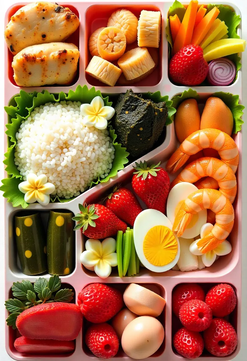 Collage of bento ingredients: rice, protein, vegetables, pickles, seaweed, and sweet treats.