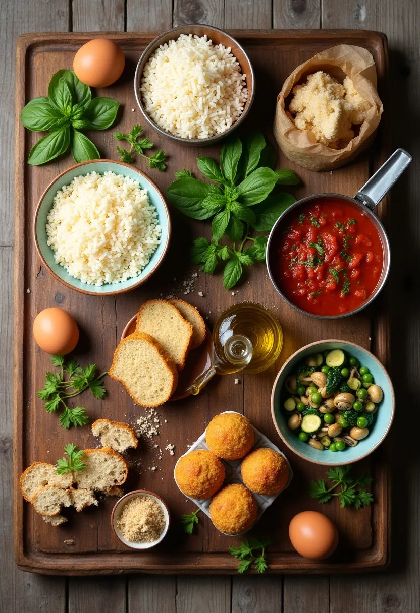 Collage of arancini ingredients: rice, cheese, ragù, peas, vegetables, breadcrumbs, eggs, and olive oil on a rustic surface.