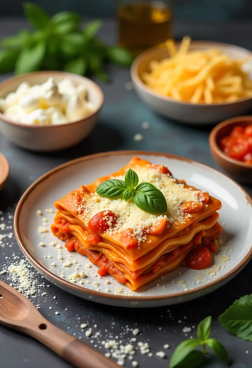 Collage of lasagna ingredients including cheese, meat, tomatoes, herbs, and pasta sheets.