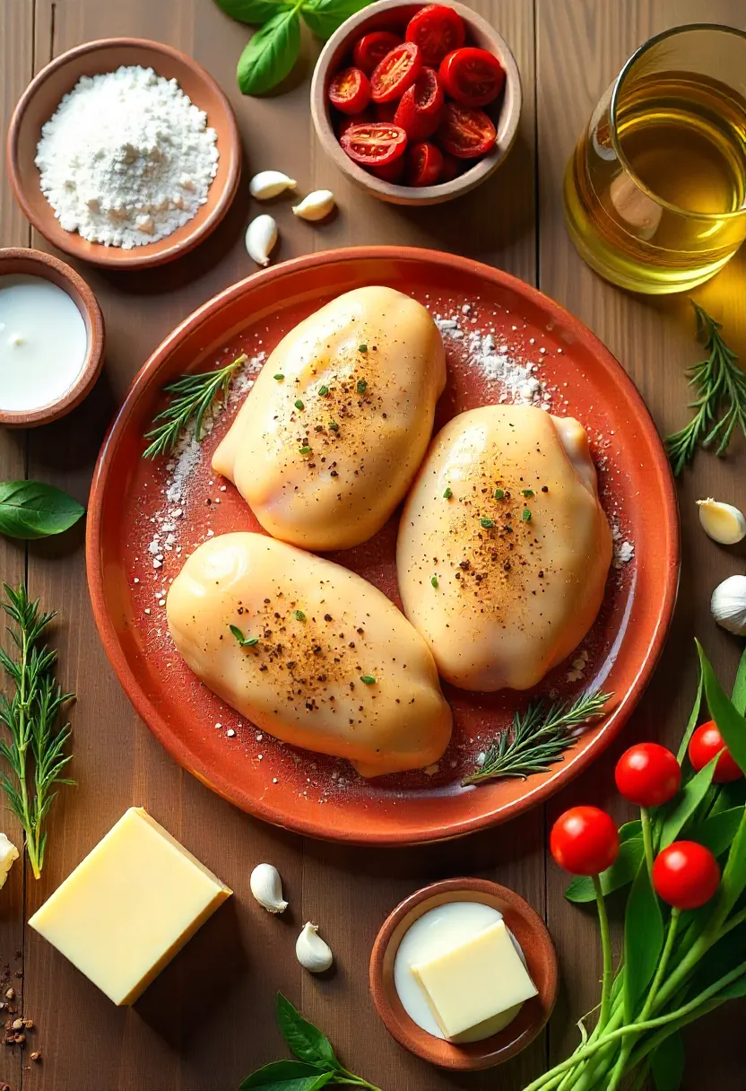 Collage of Marry Me Chicken ingredients: chicken, garlic, sun-dried tomatoes, cream, parmesan, herbs, olive oil, and butter.