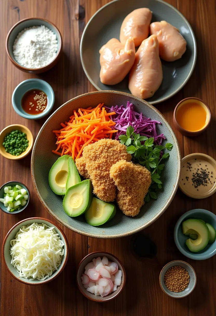 Collage of ingredients for Japanese chicken katsu bowl: chicken, panko, rice, fresh vegetables, and sauces.