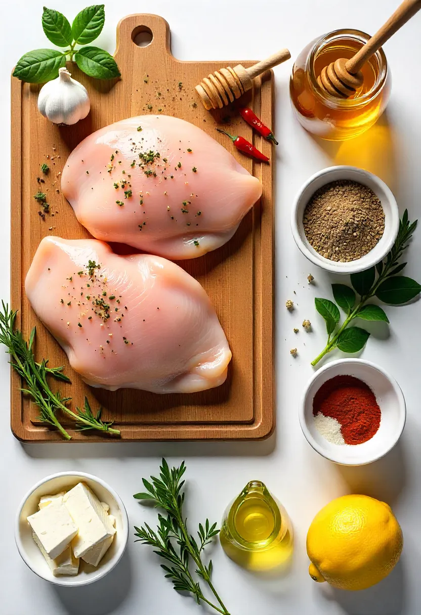 Collage of chicken, honey, feta, herbs, spices, and pantry staples for honey feta chicken recipe.