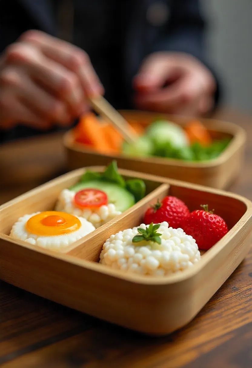 Colorful bento box with cheerful rice balls and vegetables, enjoyed by smiling people.