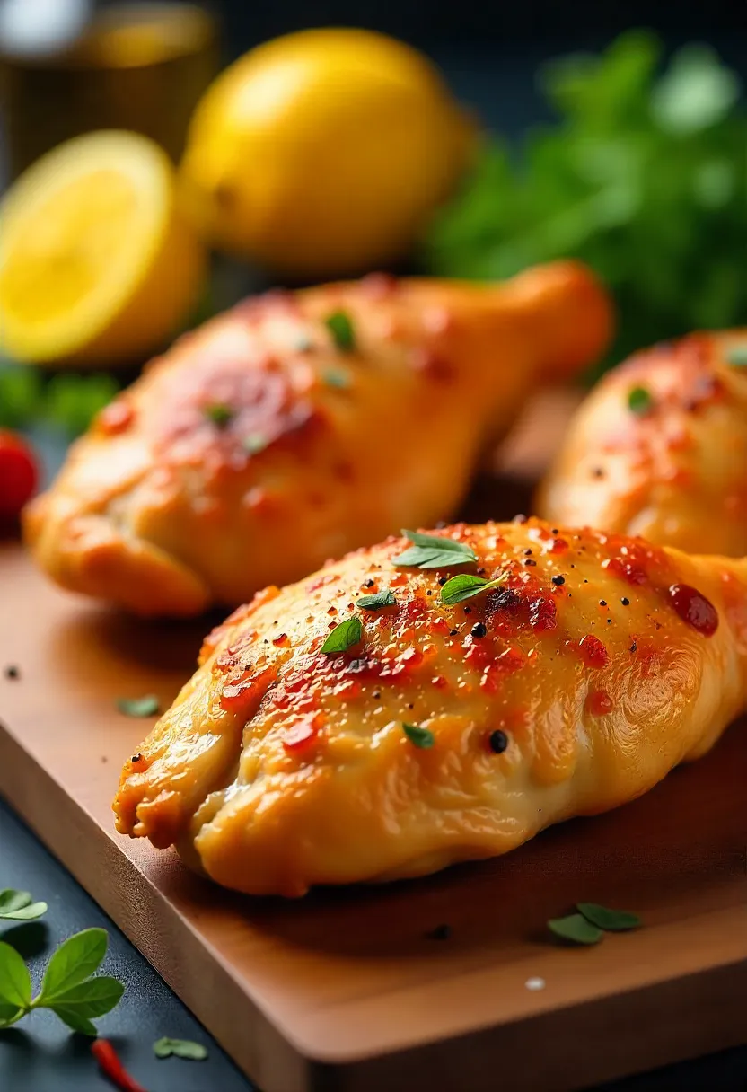 Juicy air-fried chicken breasts seasoned with herbs and spices on a wooden board with fresh ingredients.