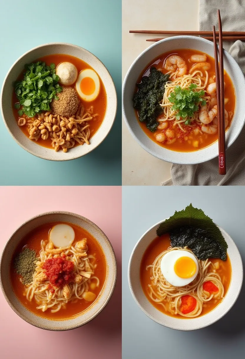 Collage of saucy ramen bowls: vegetarian, protein-packed, spicy, and comfort egg.