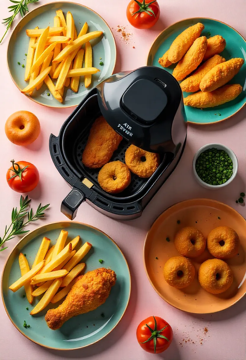Healthy air fryer comfort food: fries, chicken, and donuts served with fresh vegetables and herbs.